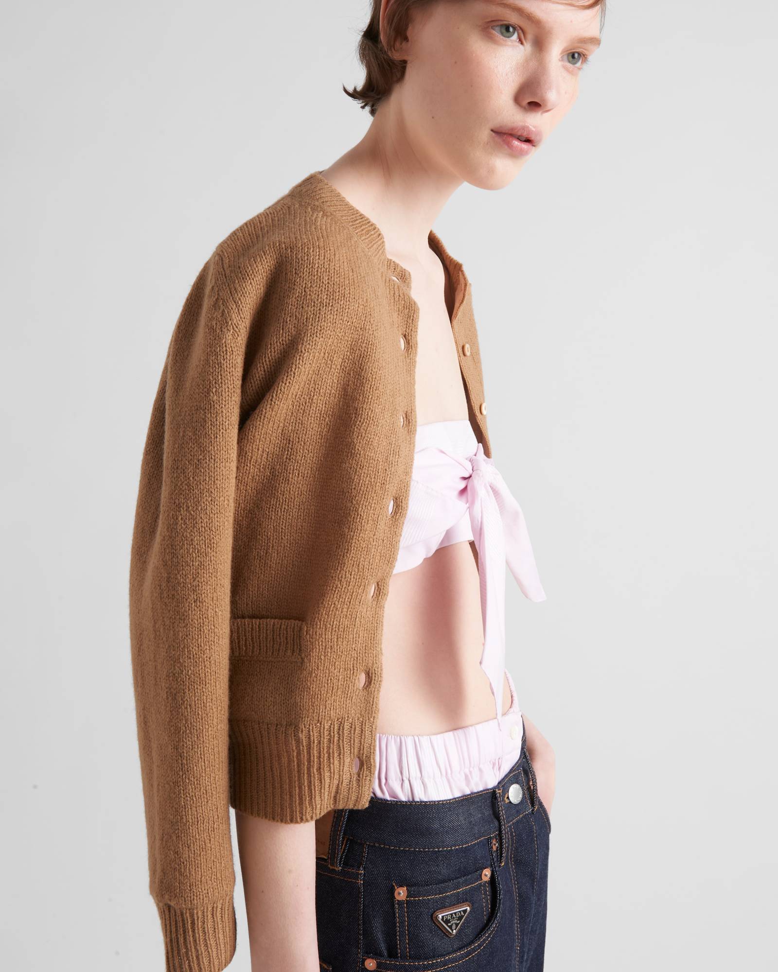 Prada Checked Cotton Bandeau Top In Snow Pink