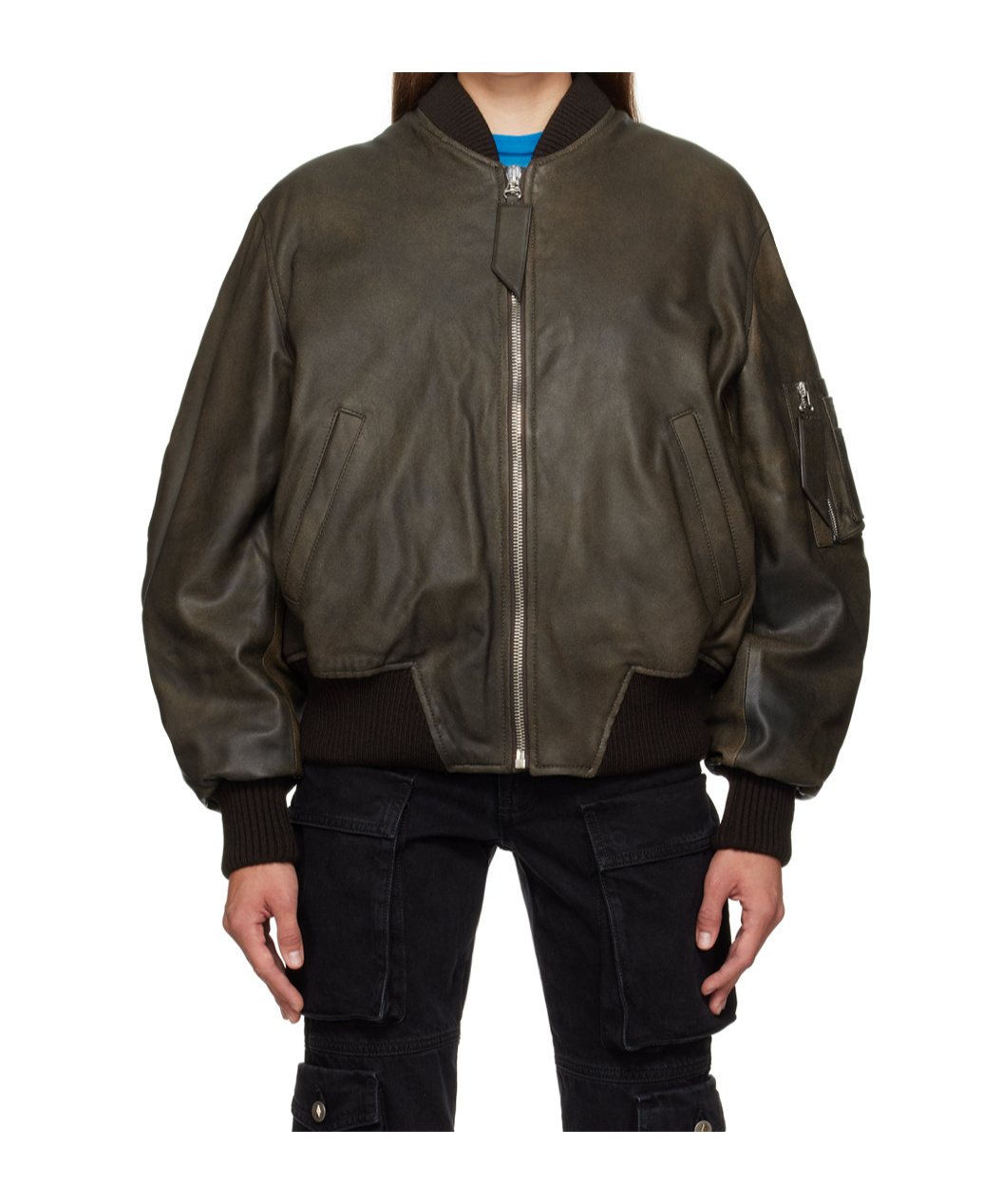 Attico Pilot Leather Jacket With Stand-neck Collar In Black
