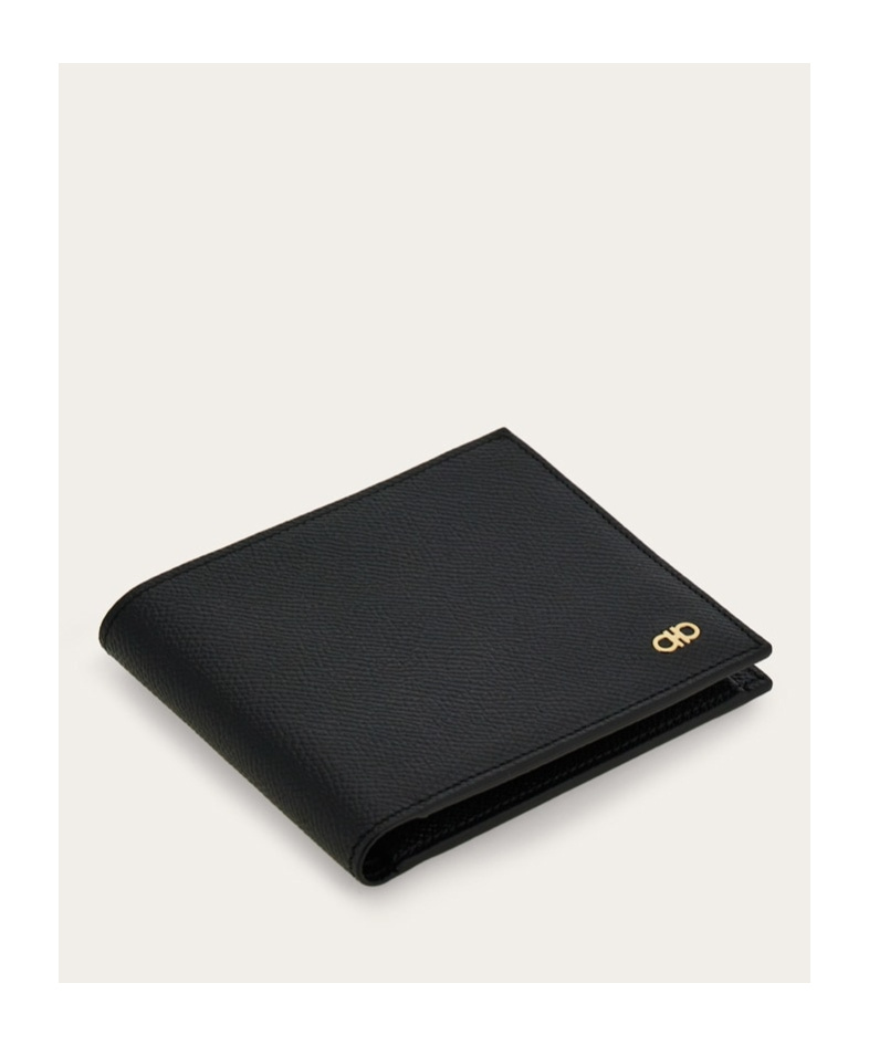 Ferragamo Gancini Bi-fold Wallet In Grained Leather In Black