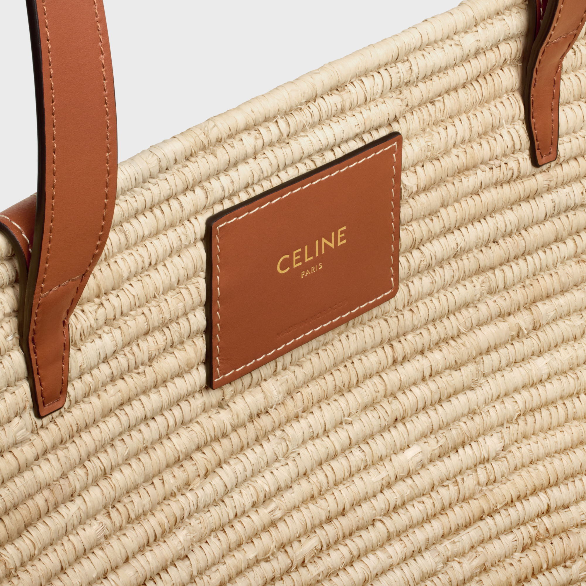Celine Classic Panier Medium Triomphe Woven Bag In Raffia And Calfskin In Brown