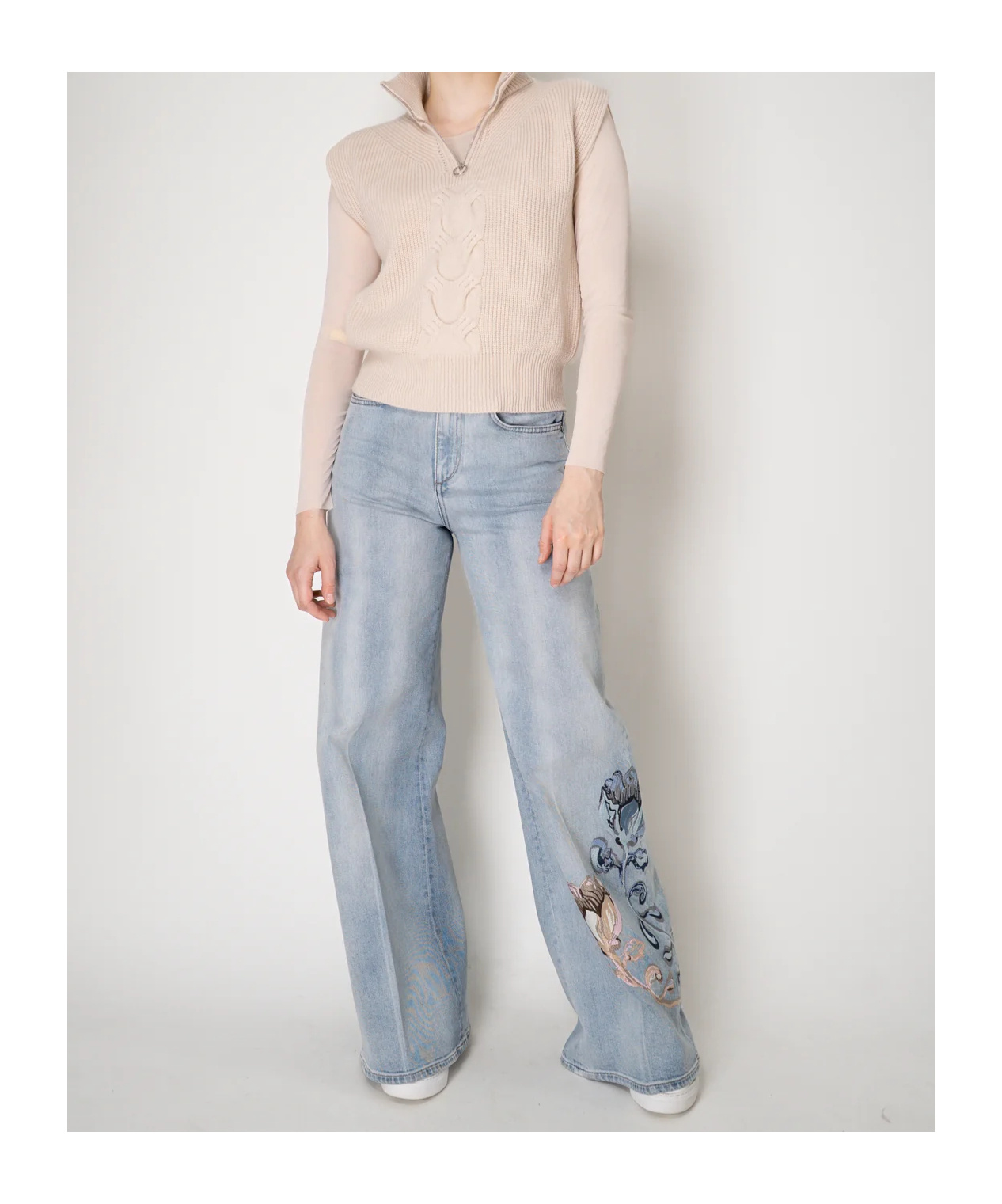 D Exterior Tulle Crew Neck Blouse In Neutral