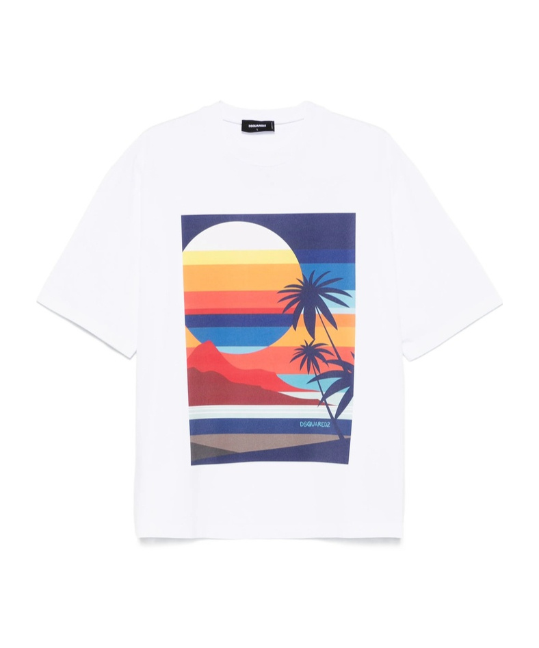 Dsquared2 Summer Lovers Cotton T-shirt With Multicolor Print In White