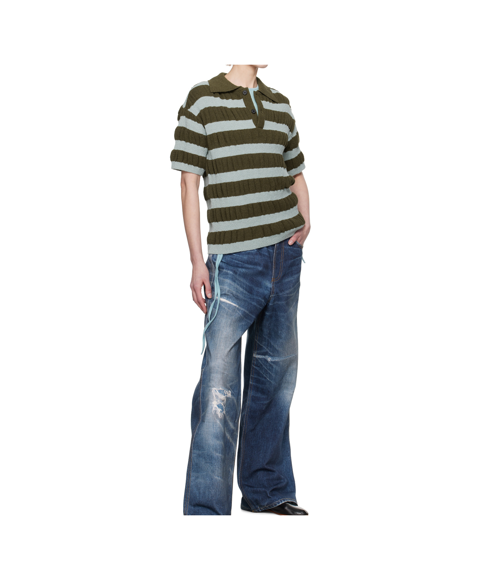 Andersson Bell Bubble Stripe Polo In Blue/khaki