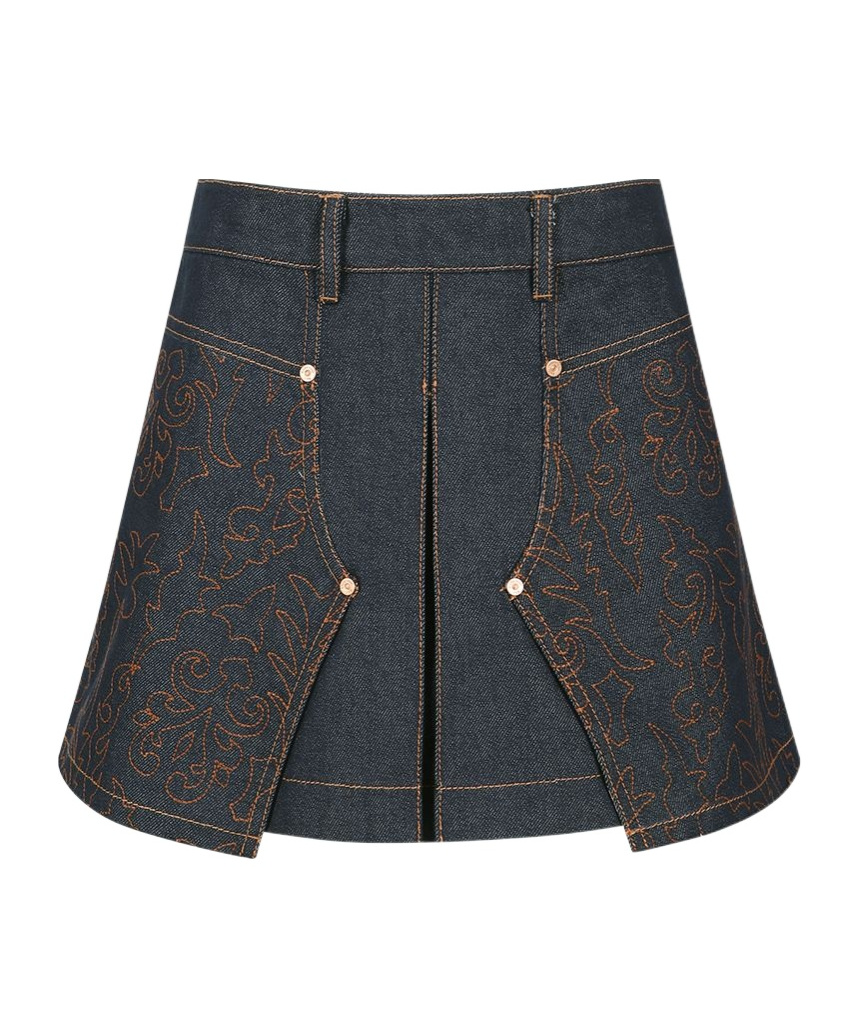 Andersson Bell Embroidery Panel Pleated Denim Miniskirt In Indigo