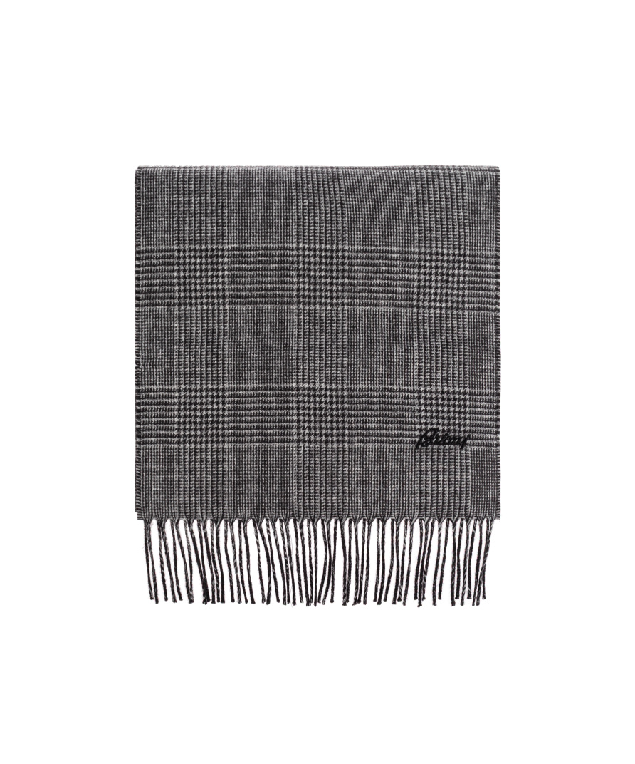 Brioni Houndstooth-pattern Fringed Scarf In Black