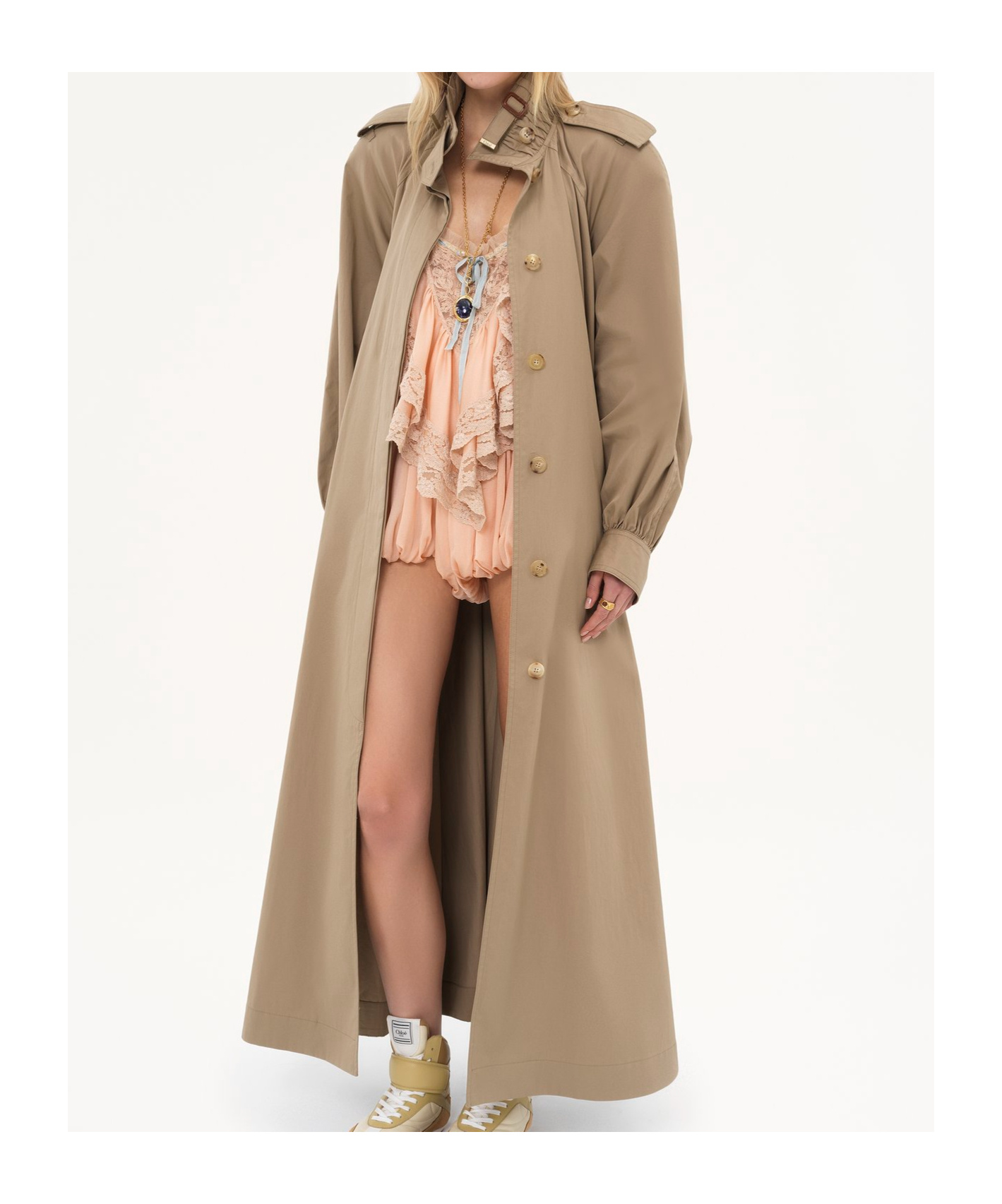 Chloé Long Trench Coat With Stand-up Collar In Cotton Gabardine In Nude
