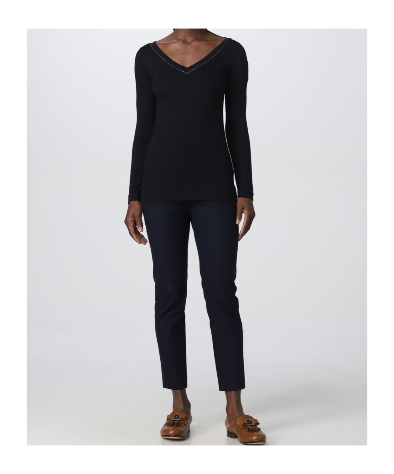 Brunello Cucinelli Black V-neck Pullover With Beads Detailing In Black