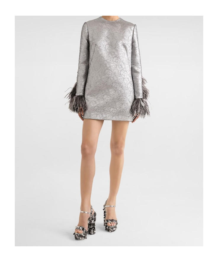 Dolce & Gabbana Feather-trim Mini Dress In Gray