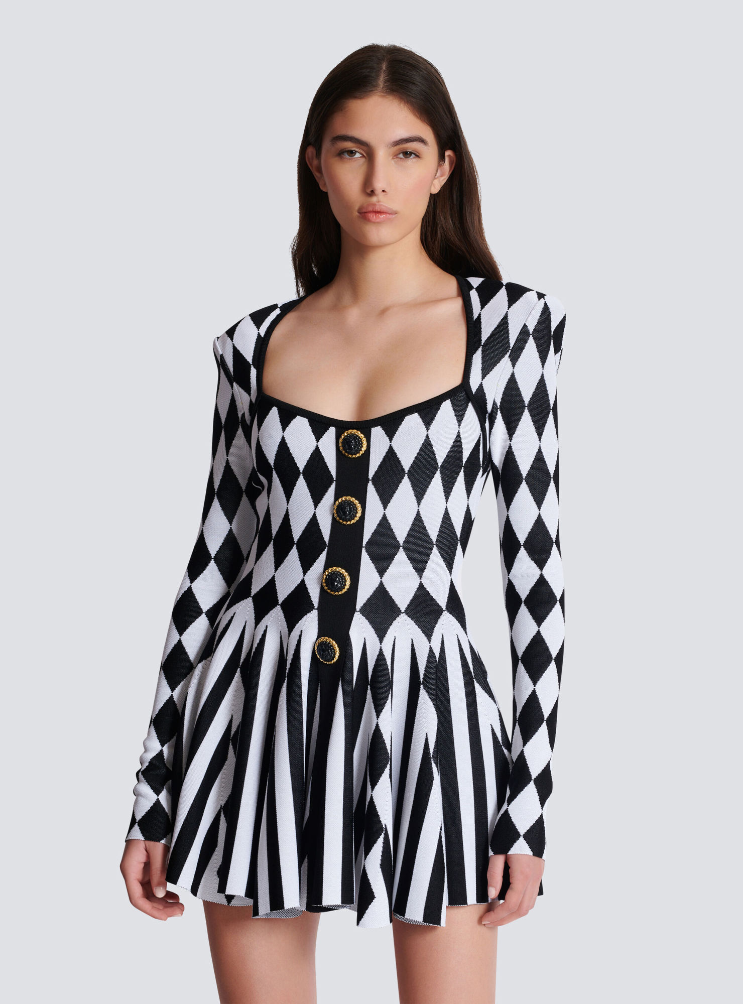 Balmain Diamond-intarsia Knitted Mini Dress In Black