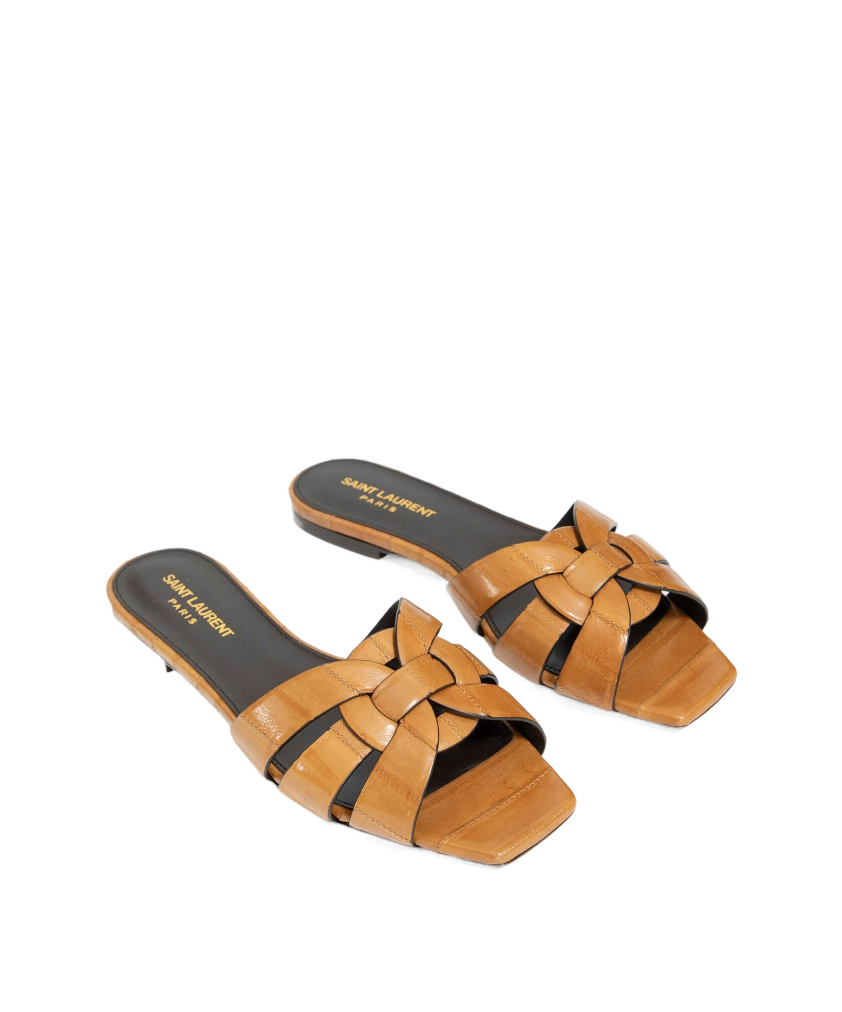 Saint Laurent Tribute Woven Leather Flat Sandals In Brown