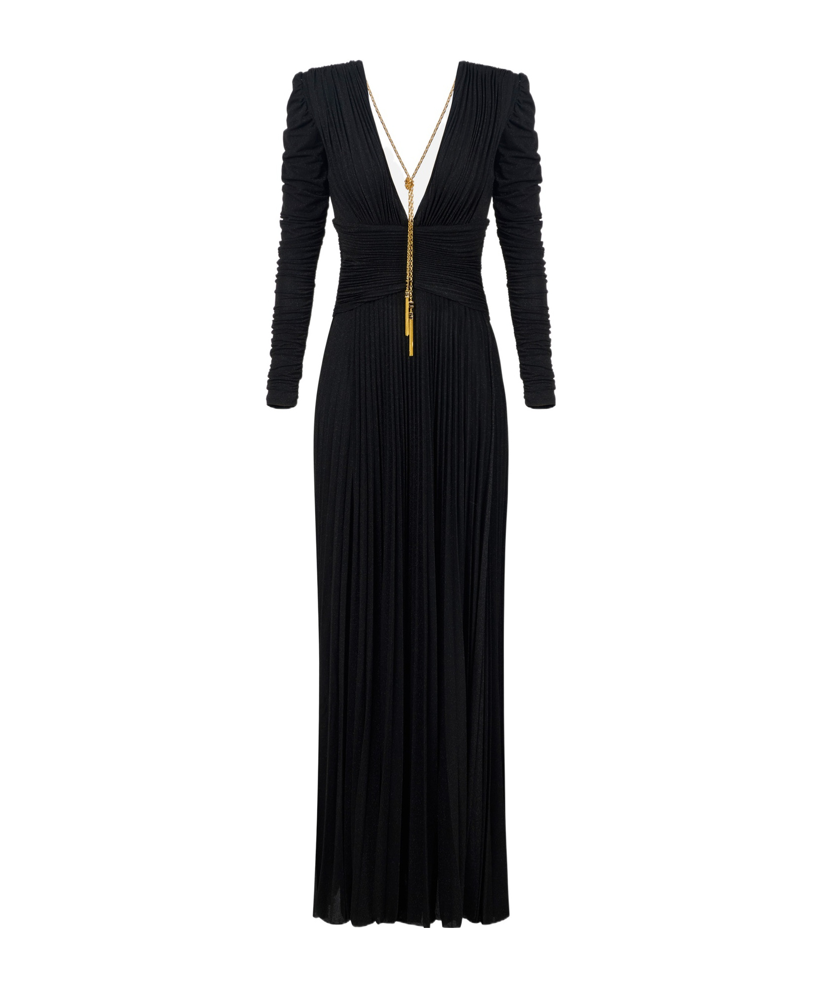 Elisabetta Franchi Chain Detail Pleated Dress With Ruched V-neckline In Black