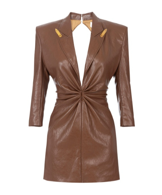 Elisabetta Franchi Crackled Leather-effect Dress With Lapels In Brown