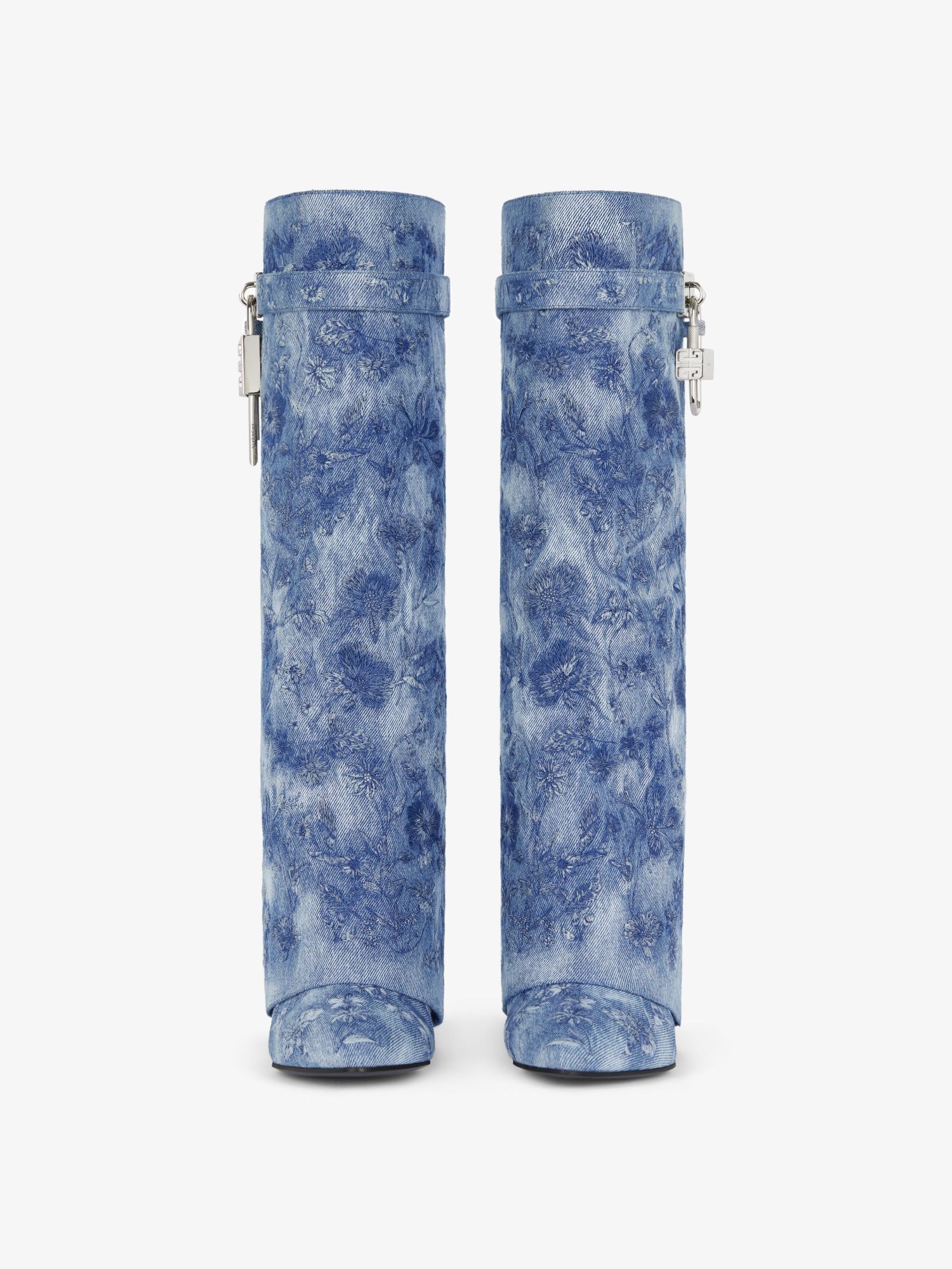 Shop Givenchy Shark Lock Boots In Denim With Floral Embroidery In Medium Blue