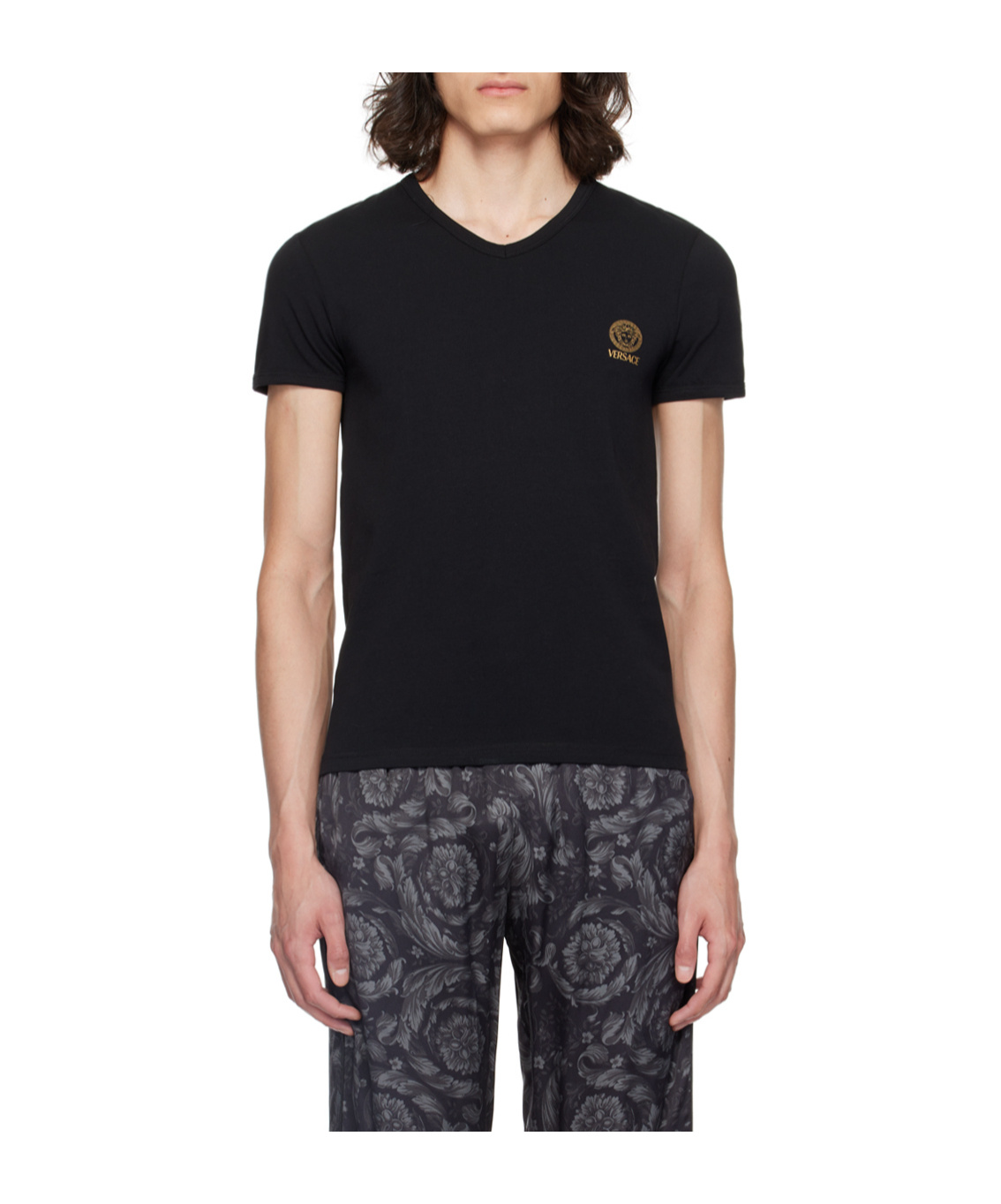 Versace Black Crewneck T-shirt With Medusa Logo Print In Stretch Cotton Man In Black