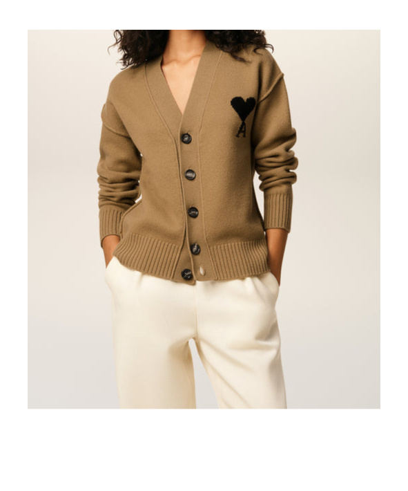 Ami Alexandre Mattiussi Ami Felted Merino Wool Cardigan With Inlaid Heart Motif In Brown
