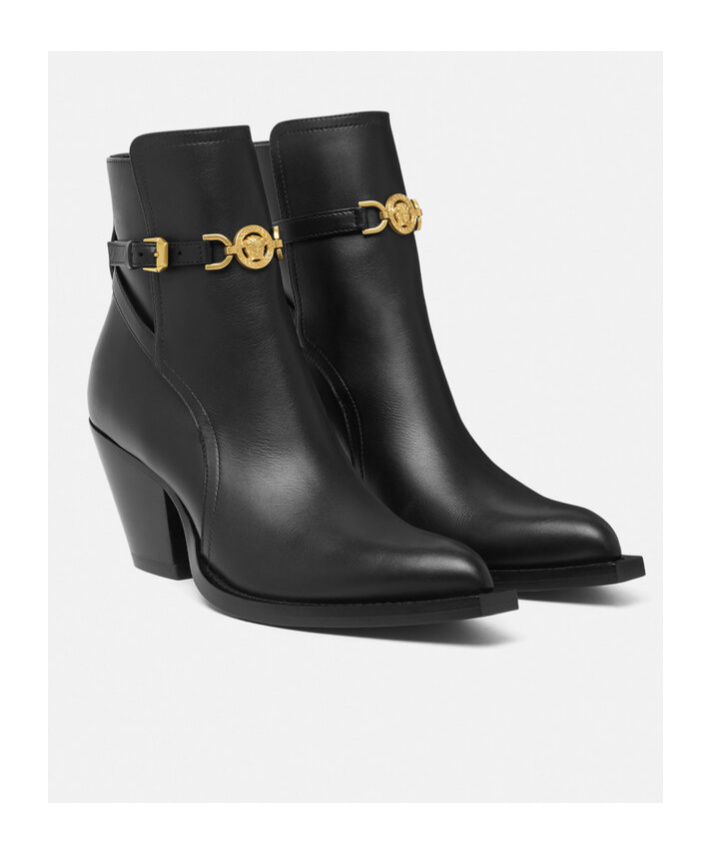 Shop Versace Thick Heel Ankle Boots In Black