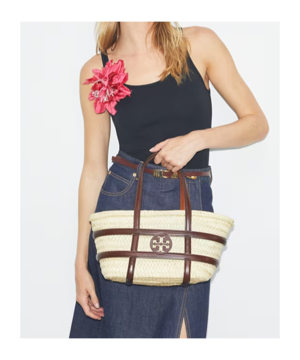 Tory Burch Small Ella Shopping Bag In Straw Classic Leather Color In Brown
