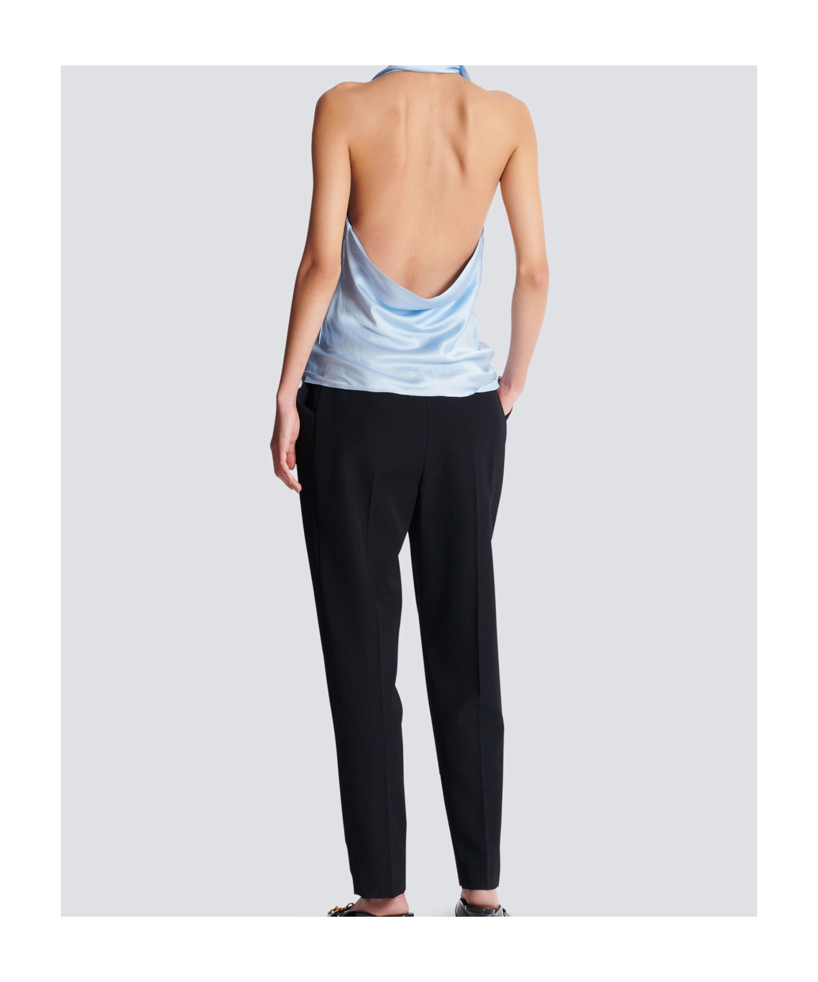 Balmain Backless Crepe Satin Top With Fringe In Blue