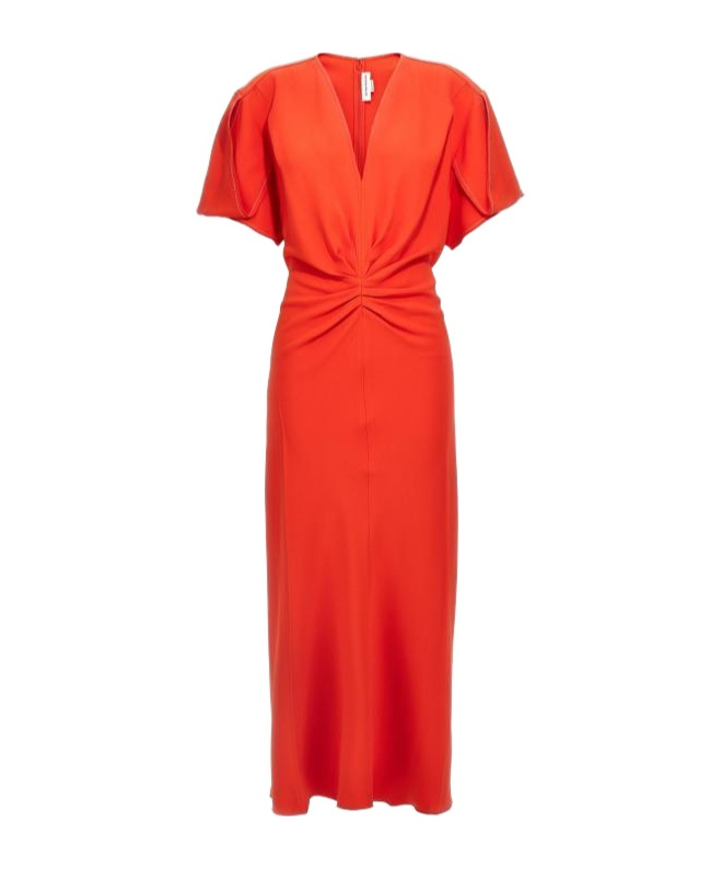 Victoria Beckham Gathered V Neck Midi Dress Tomato In Red
