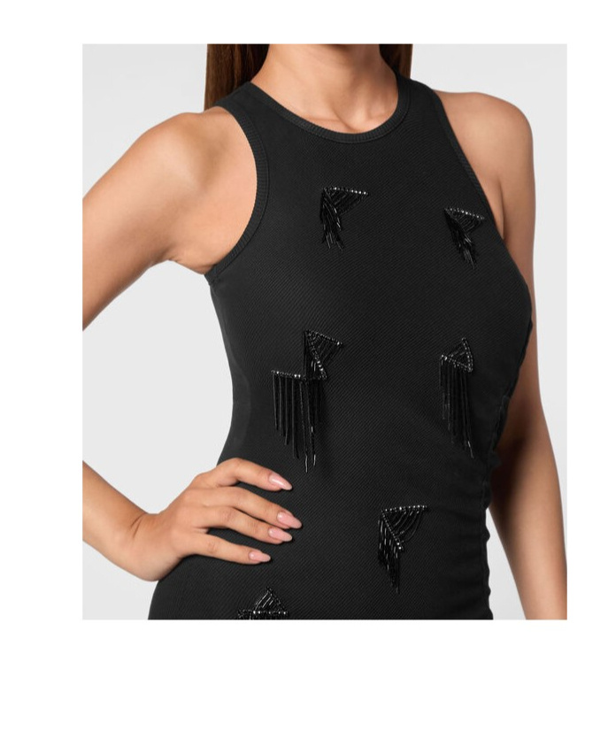 PHILIPP PLEIN FRINGE-DETAIL RIBBED MINI DRESS 