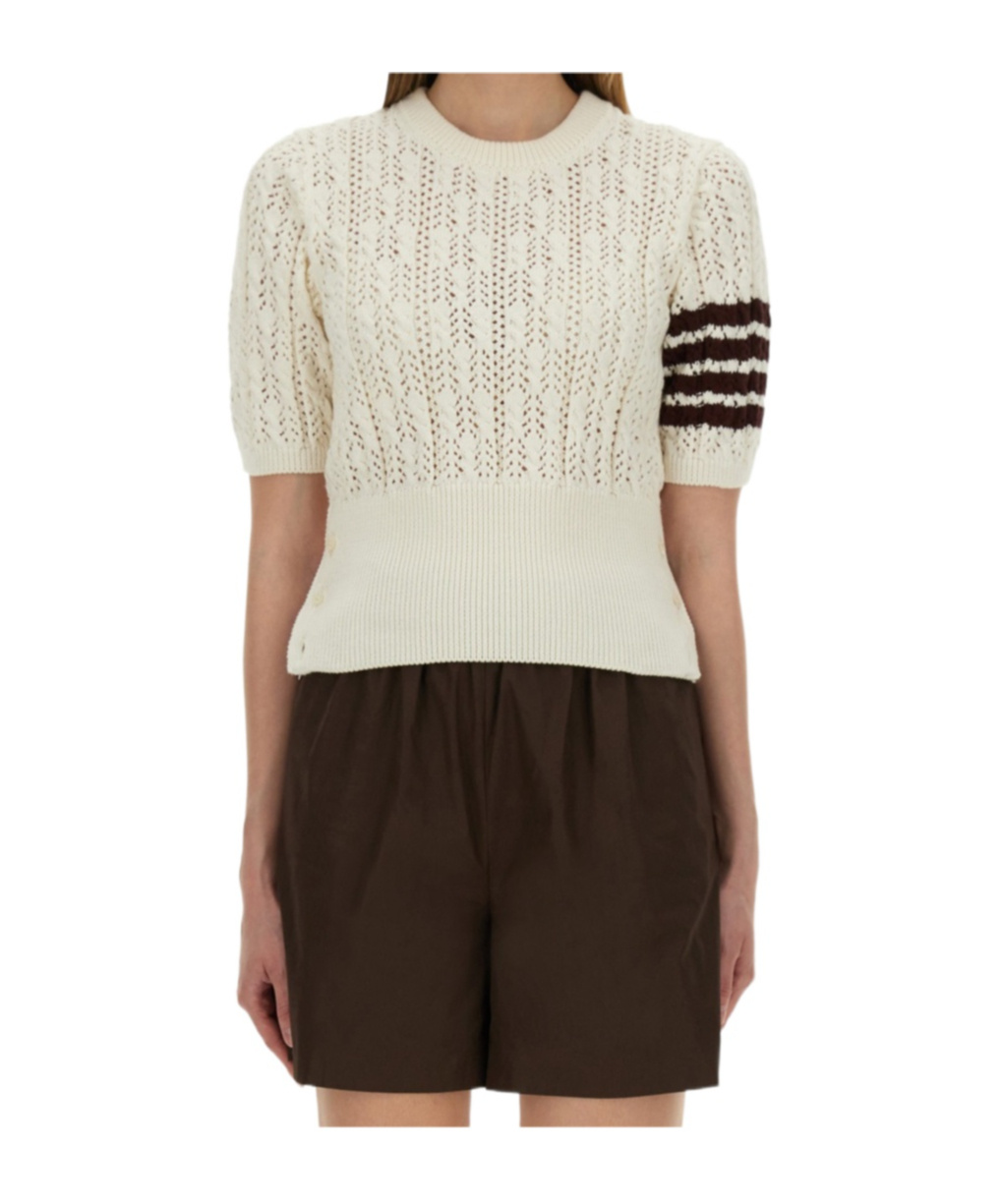 Thom Browne Womens White Pointelle Cable-knit Cotton T-shirt