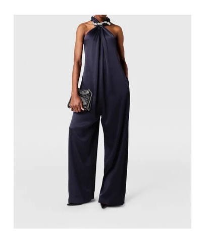 Stella Mccartney Ball-chain Halterneck Satin Jumpsuit In Blue