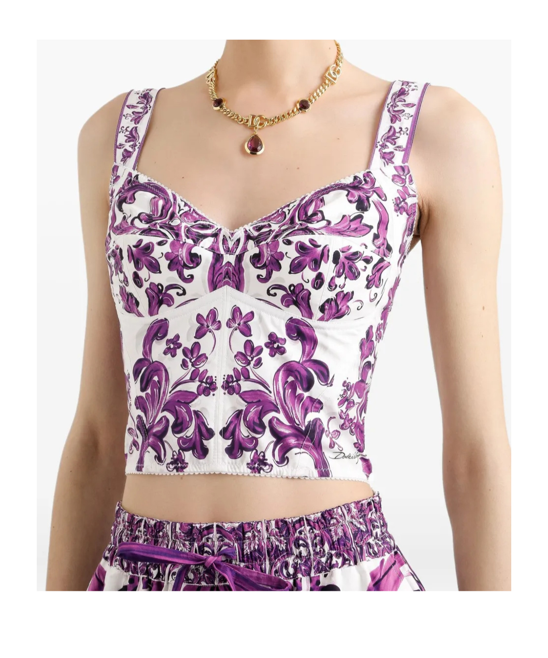 Dolce & Gabbana Cotton Blend Bustier Top With Maiolica Print In Purple