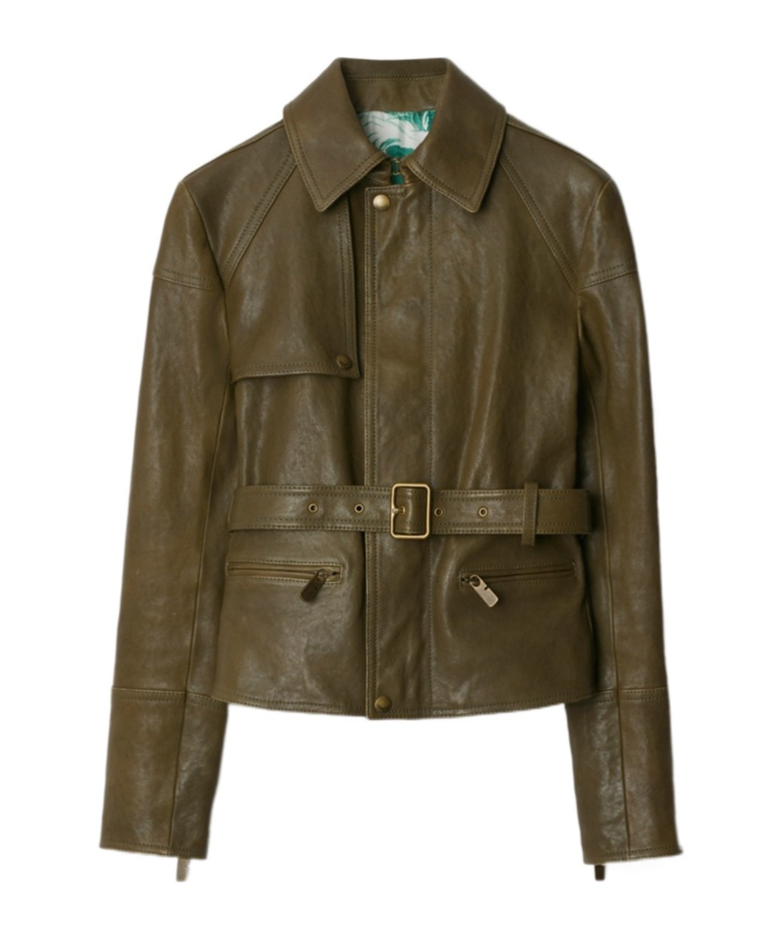 Burberry Belt Design Leather Jacket In Green