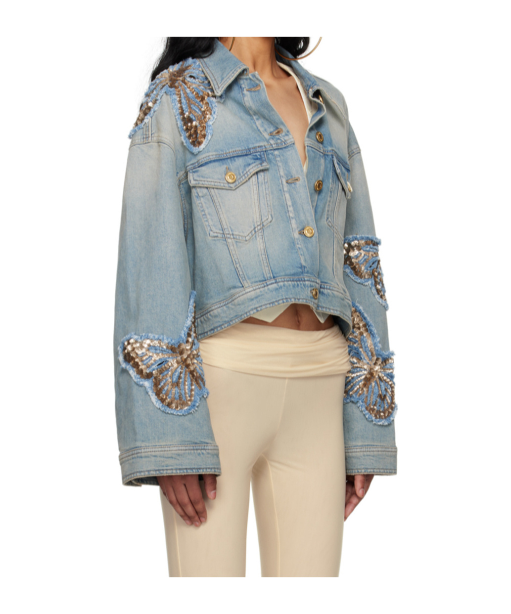 Blumarine Sequin Pattern Decal Denim Coat In Gray