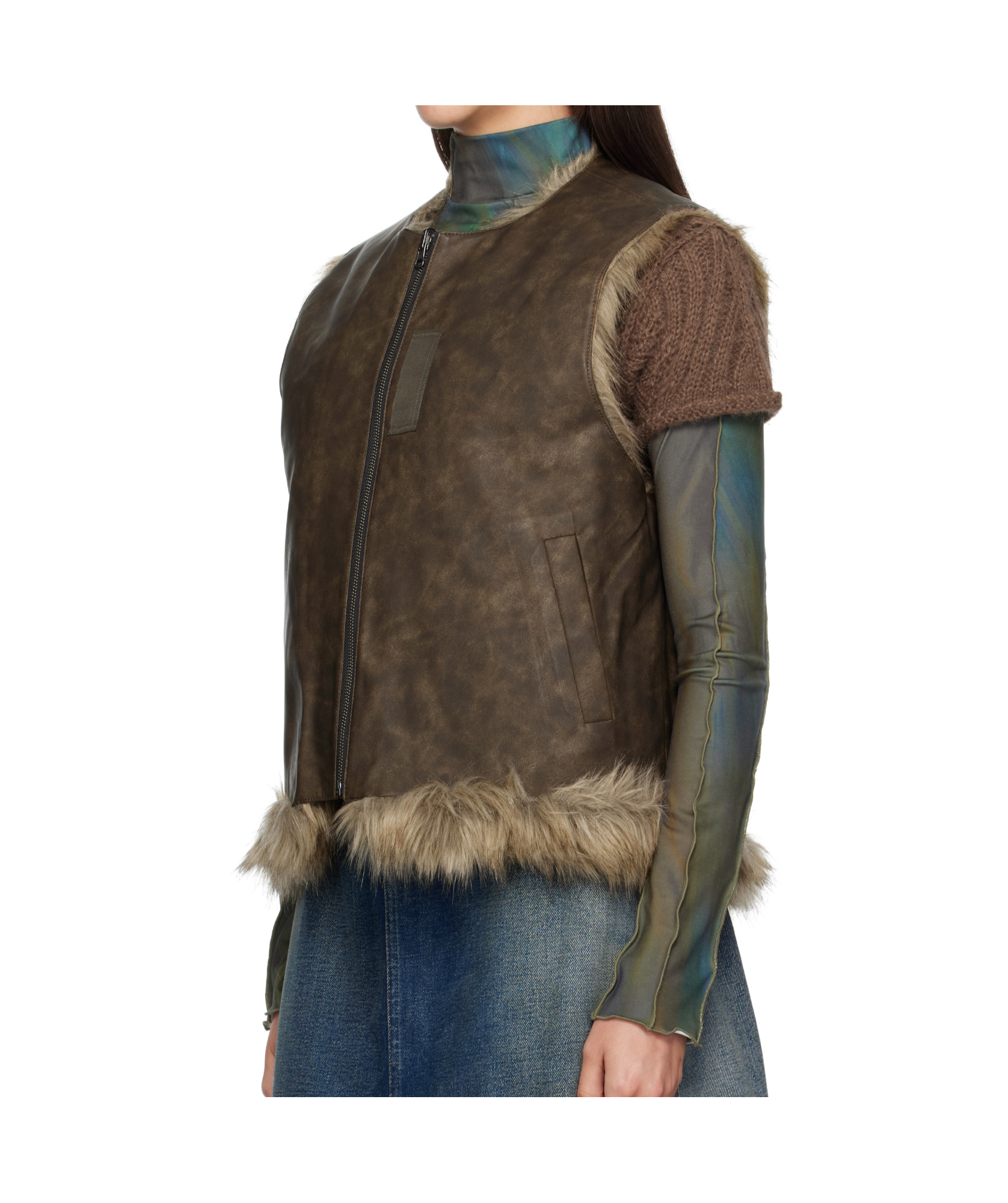 Andersson Bell Curved Placket Reversible Faux Fur Vest In Burgundy