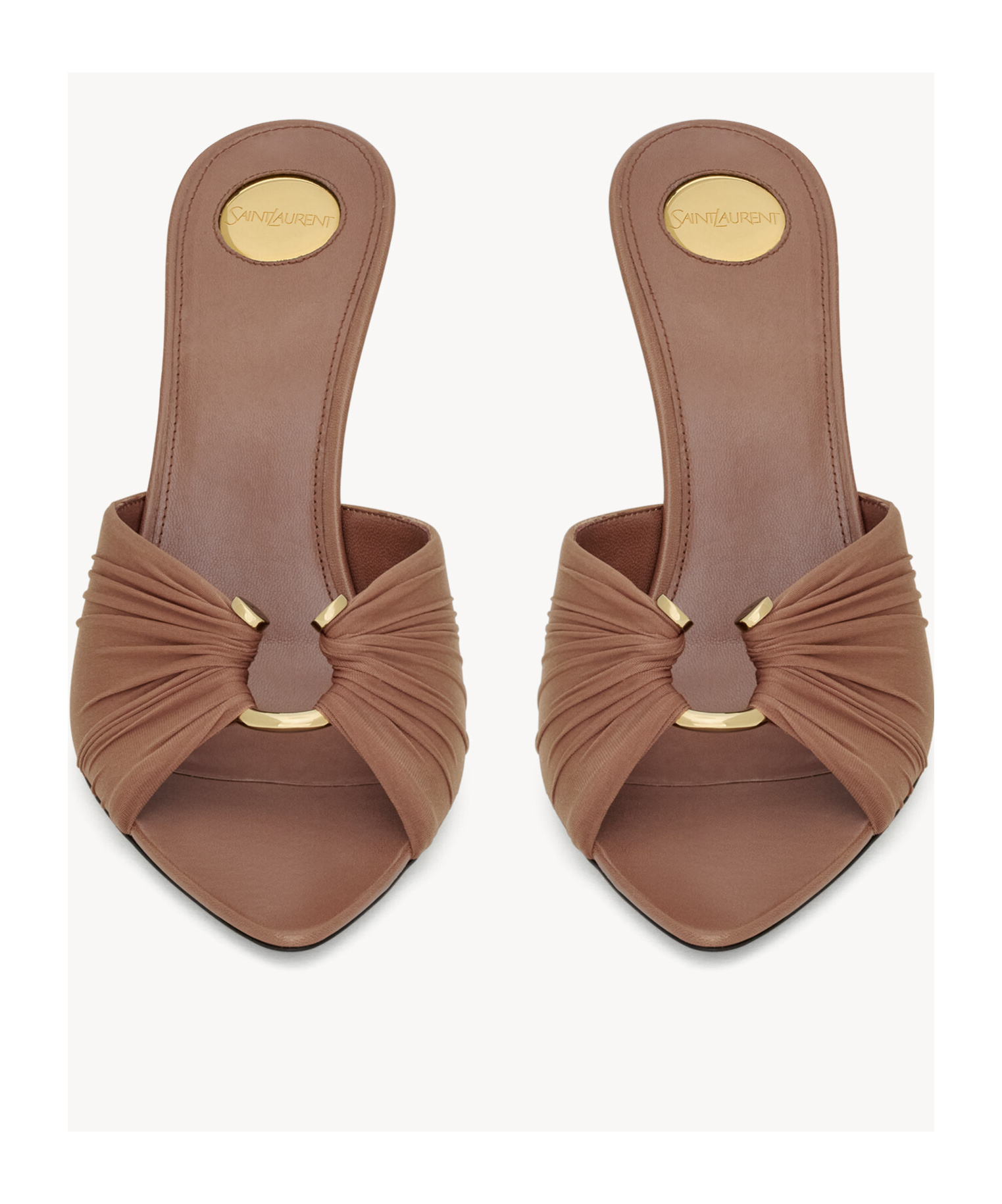 Saint Laurent Lola 90 Mules Smooth Leather Draped Jersey In Brown