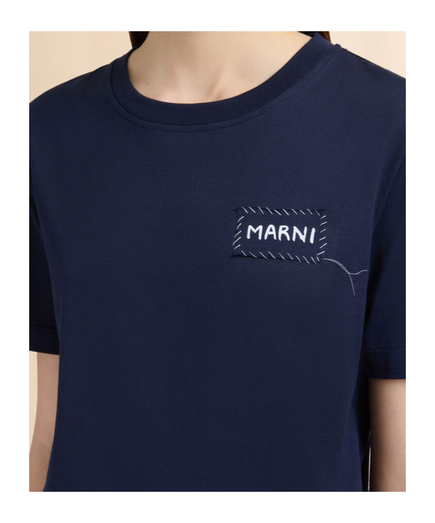 Marni Relaxed Fit Black T-shirt With Subtle Embroidered Logo In Blue
