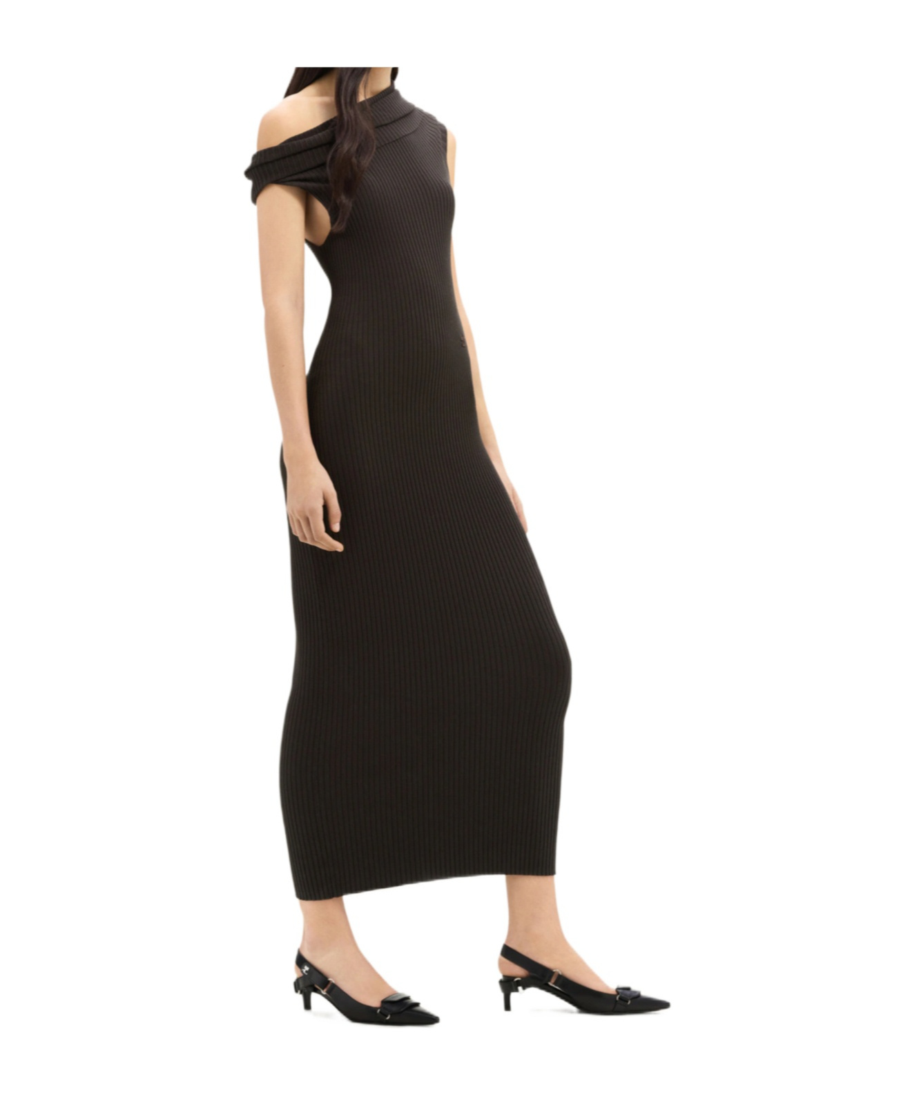 Shop Courrèges Assymetric Ribbed-knit Long Dress In Black