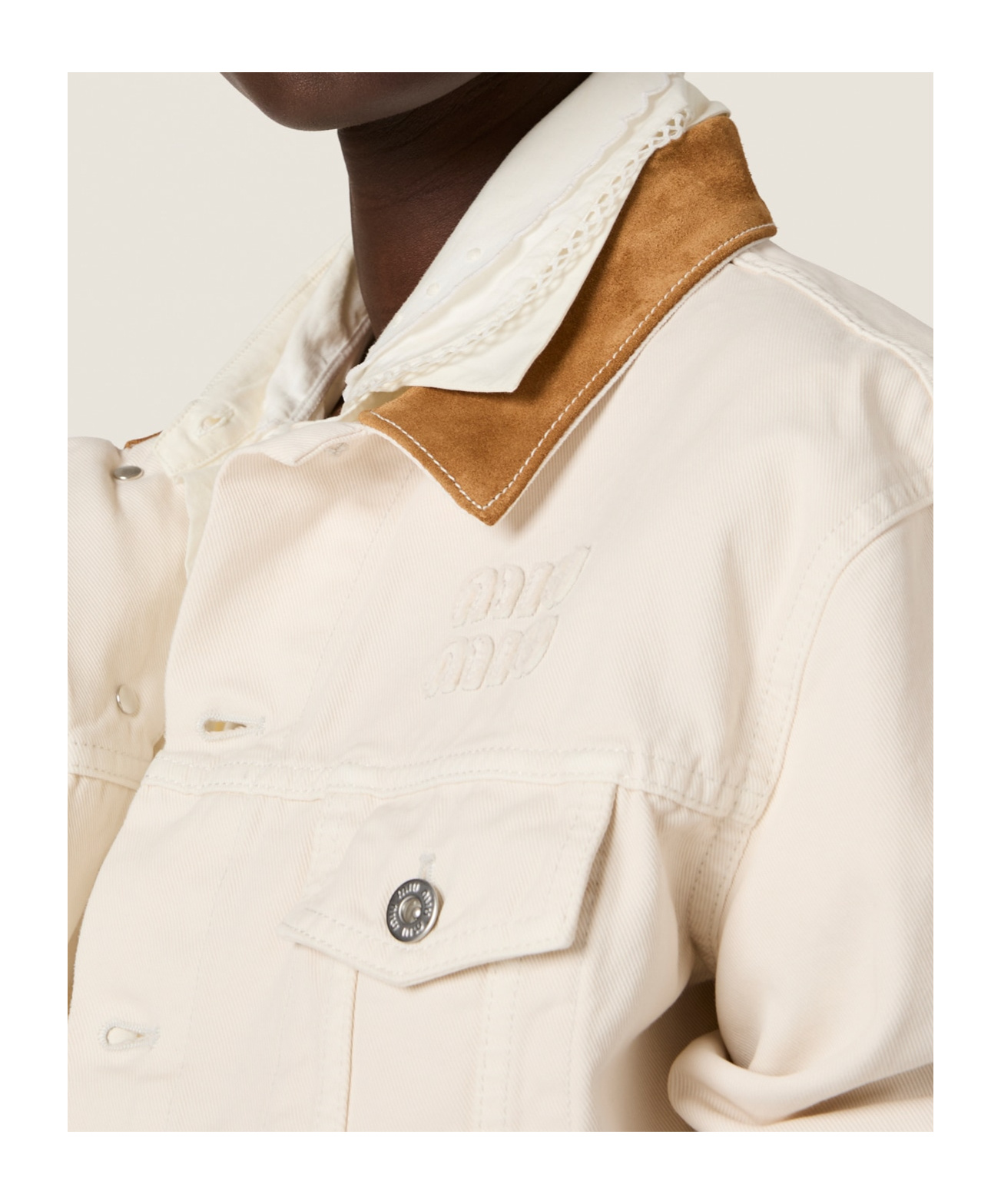 MIU MIU DENIM AND LEATHER BLOUSON JACKET