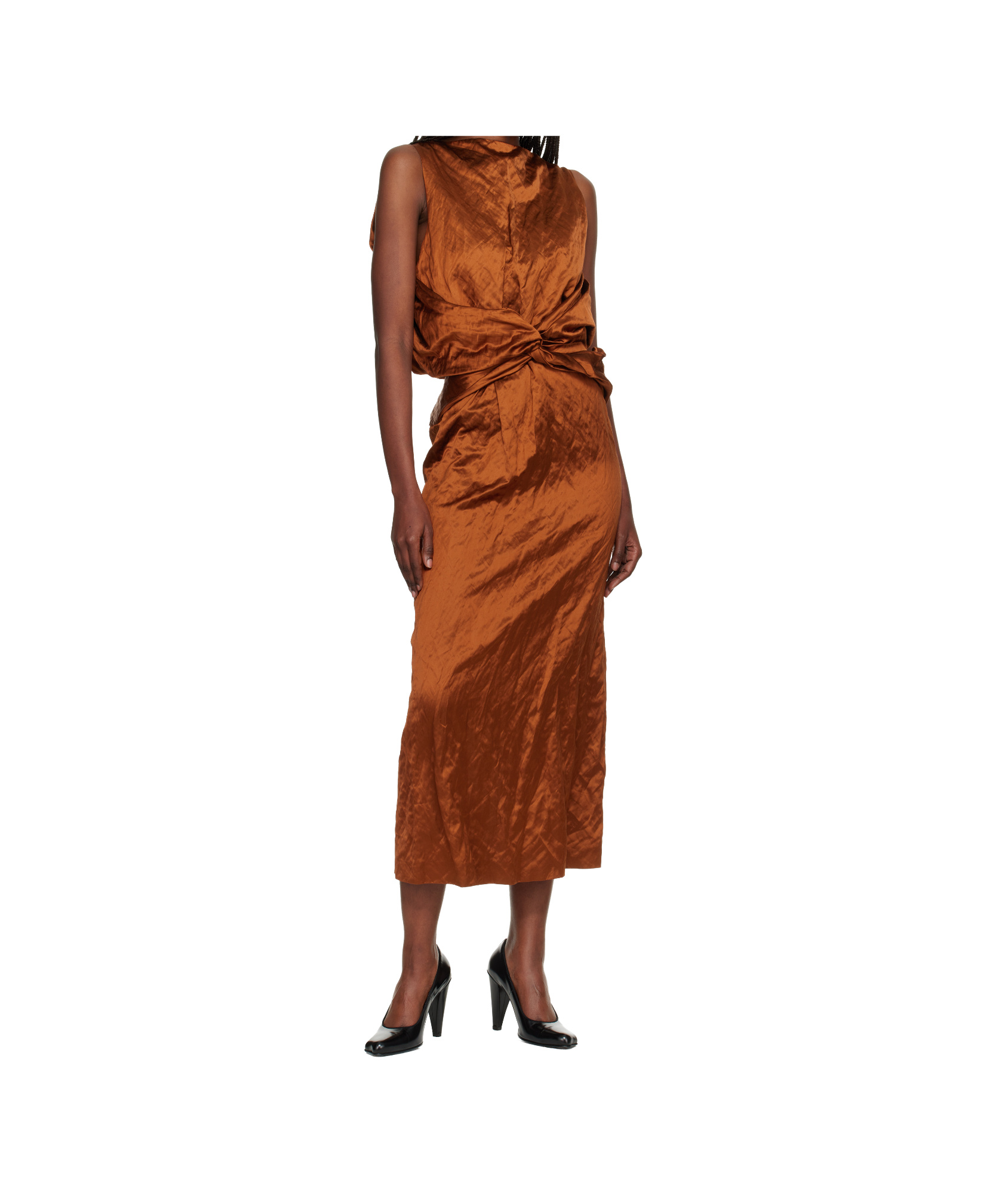 Lanvin Sleeveless Twisted Crinkle Satin Midi Dress In Brown