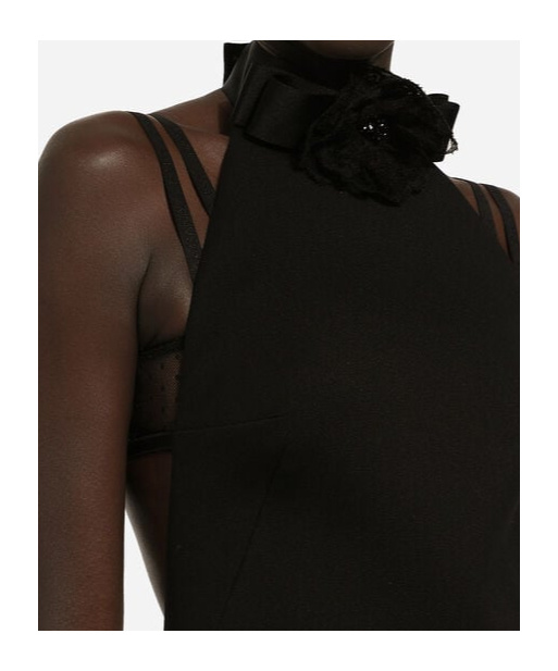 Dolce & Gabbana Black Mini Dress With Floral Detail In Wool Woman In Black