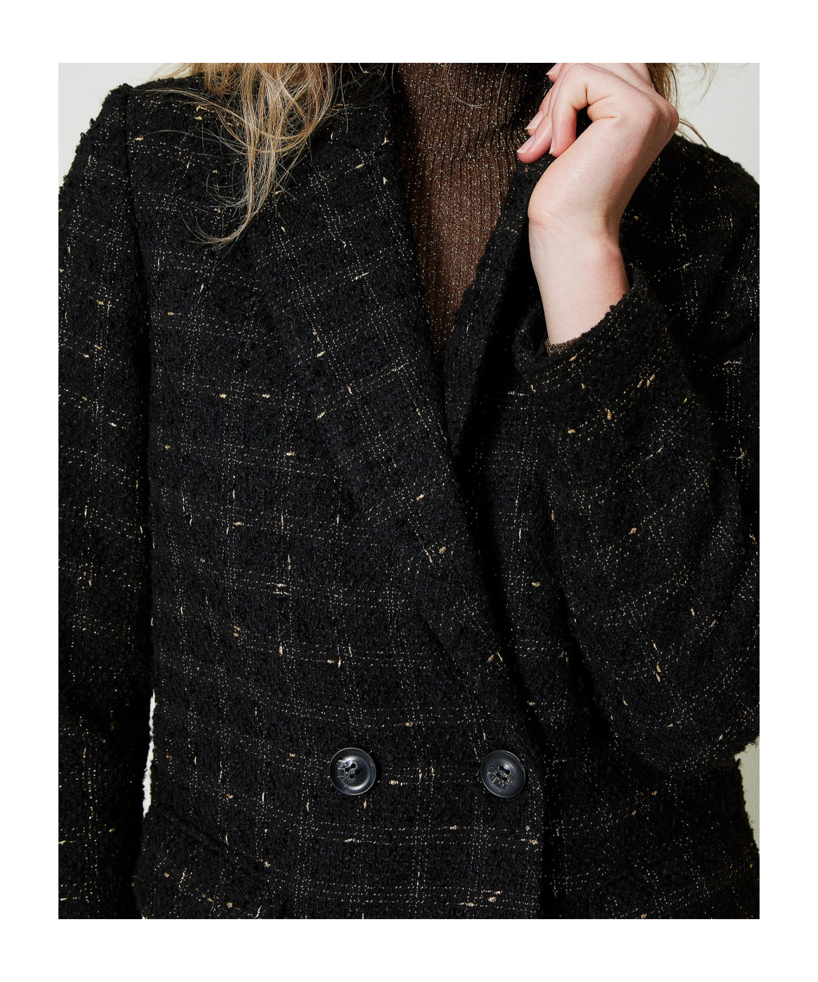 Shop Twinset Check Pattern Bouclé Coat In Black