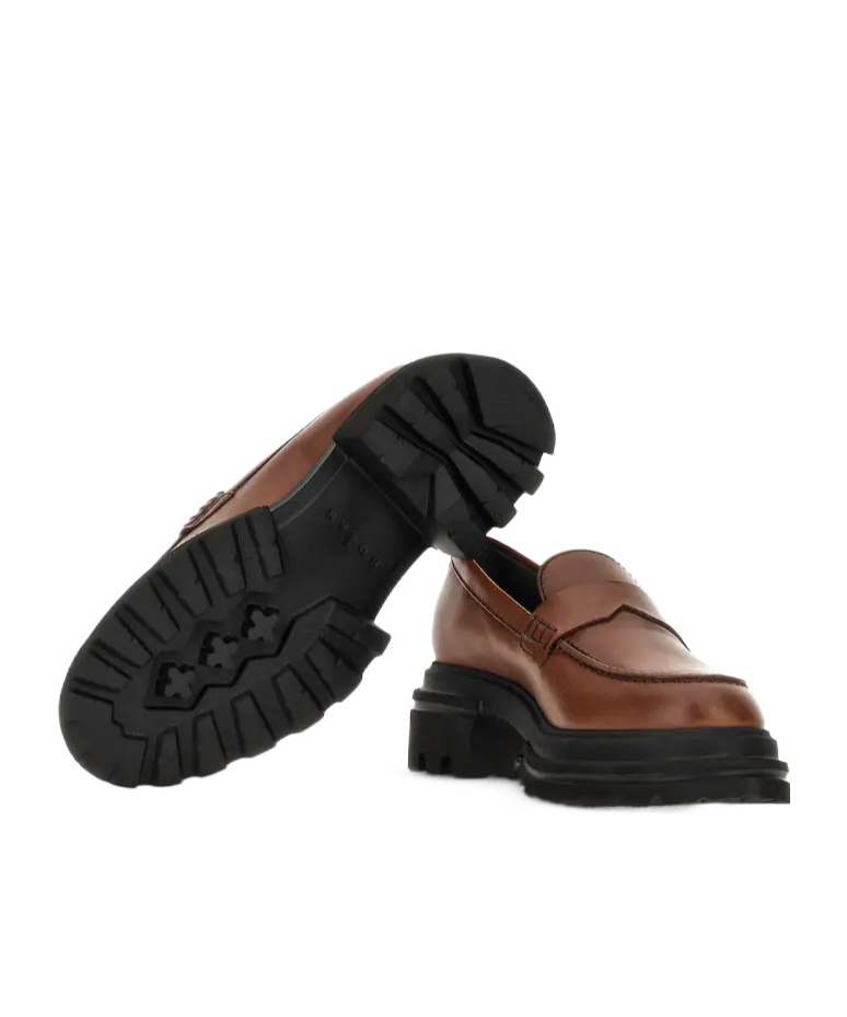 Hogan Round Toe Brown Leather Moccasin With Soft Insole And Eva Sole In Brown
