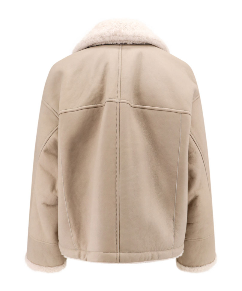 Brunello Cucinelli Reversible Fuzzy Shearling Outerwear With Jewellery In Nude