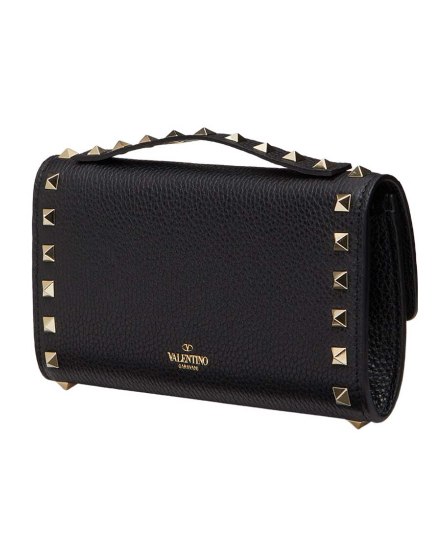 Valentino Garavani Rockstud Grainy Calfskin Wallet With Chain Strap Woman Black Uni In Black