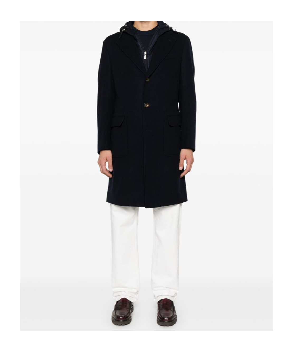 Eleventy Navy Blue Panelled Mid-length Wool Coat In Black