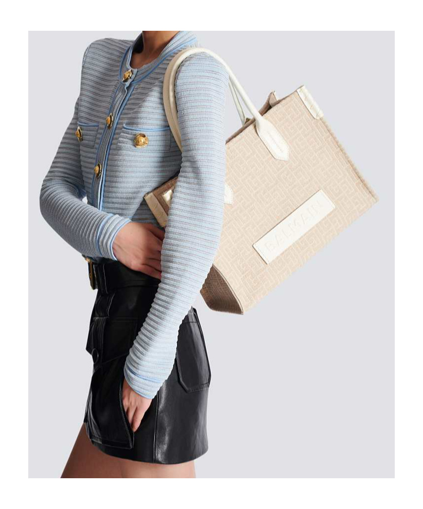 Balmain B-army 36 Monogrammed Canvas Jacquard And Leather Tote Bag In Sand