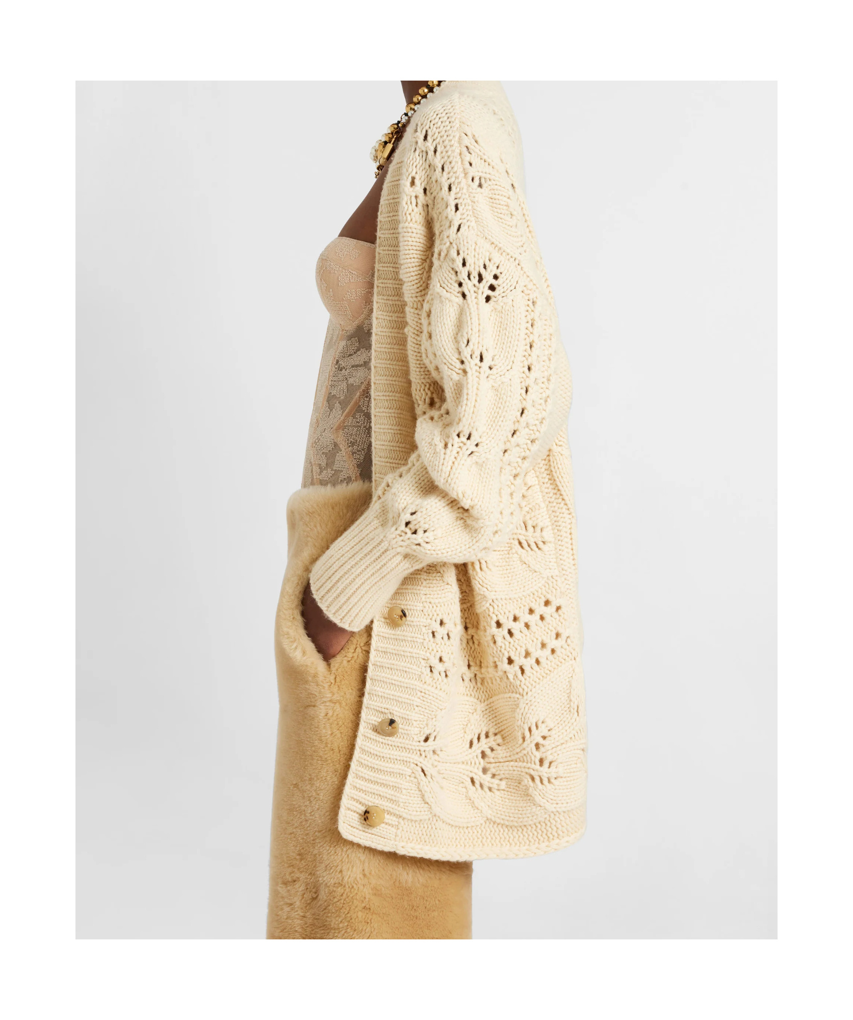 Ermanno Scervino Cashmere Cardigan With Leaf Stitch Knit In Brown