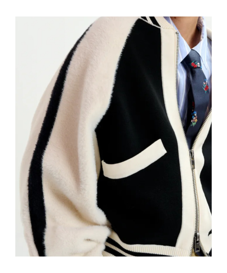 Essentiel Antwerp Black And White Faux Fur-panelled Knitted Bomber Jacket In Multi
