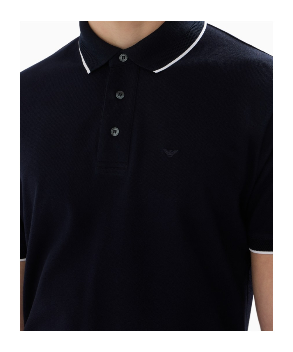Emporio Armani Blue Stretch Piquet Polo In Black