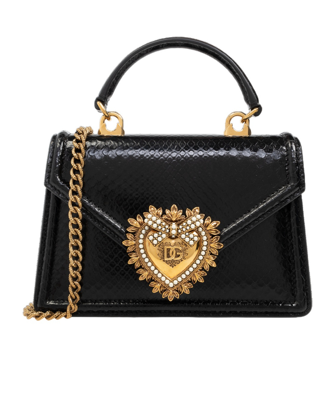 Dolce & Gabbana Black Calfskin Shoulder Bag With Rhinestone Details And Gold Chain In Black