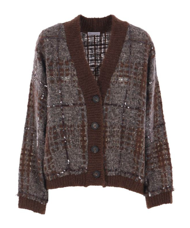 Brunello Cucinelli V-neck Embellished Cardigan In Brown