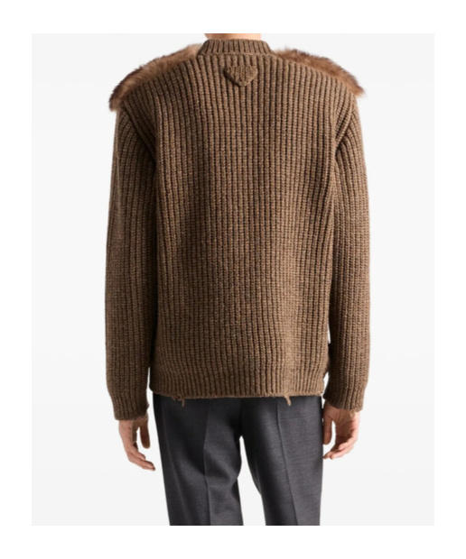 Prada Shearling-trimmed Wool Cardigan In Brown