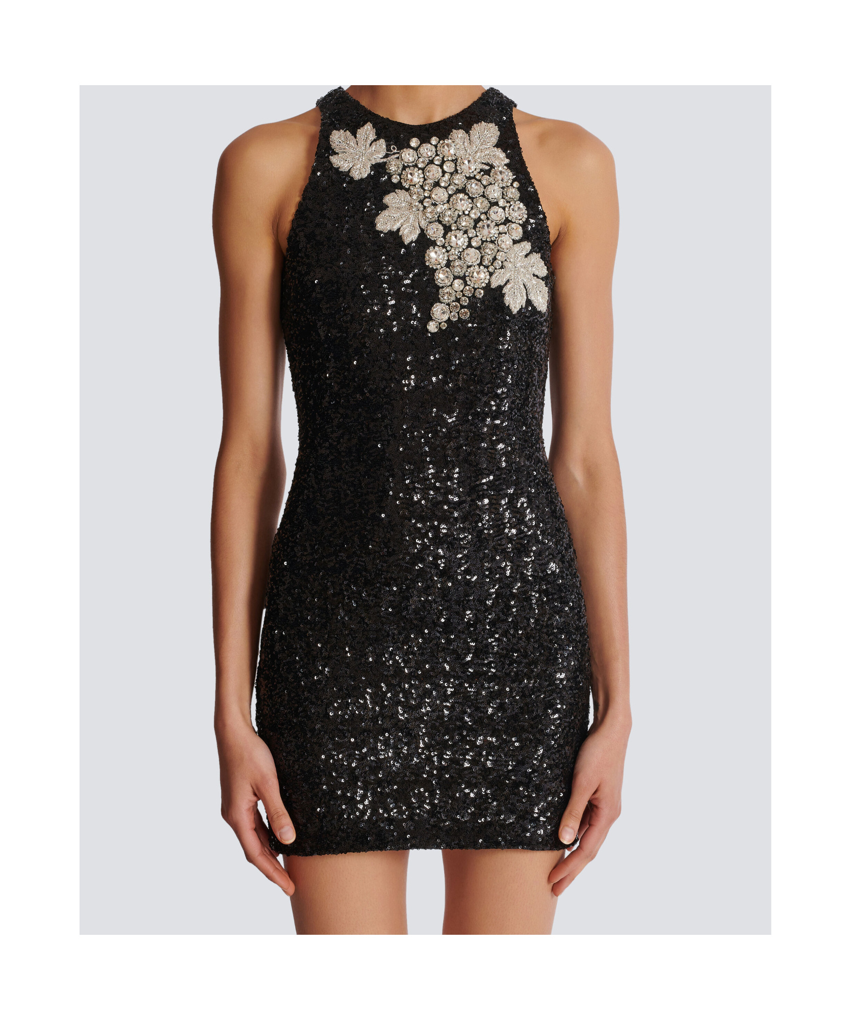 Balmain Grape Embroidery Sequined Mini Dress In Black