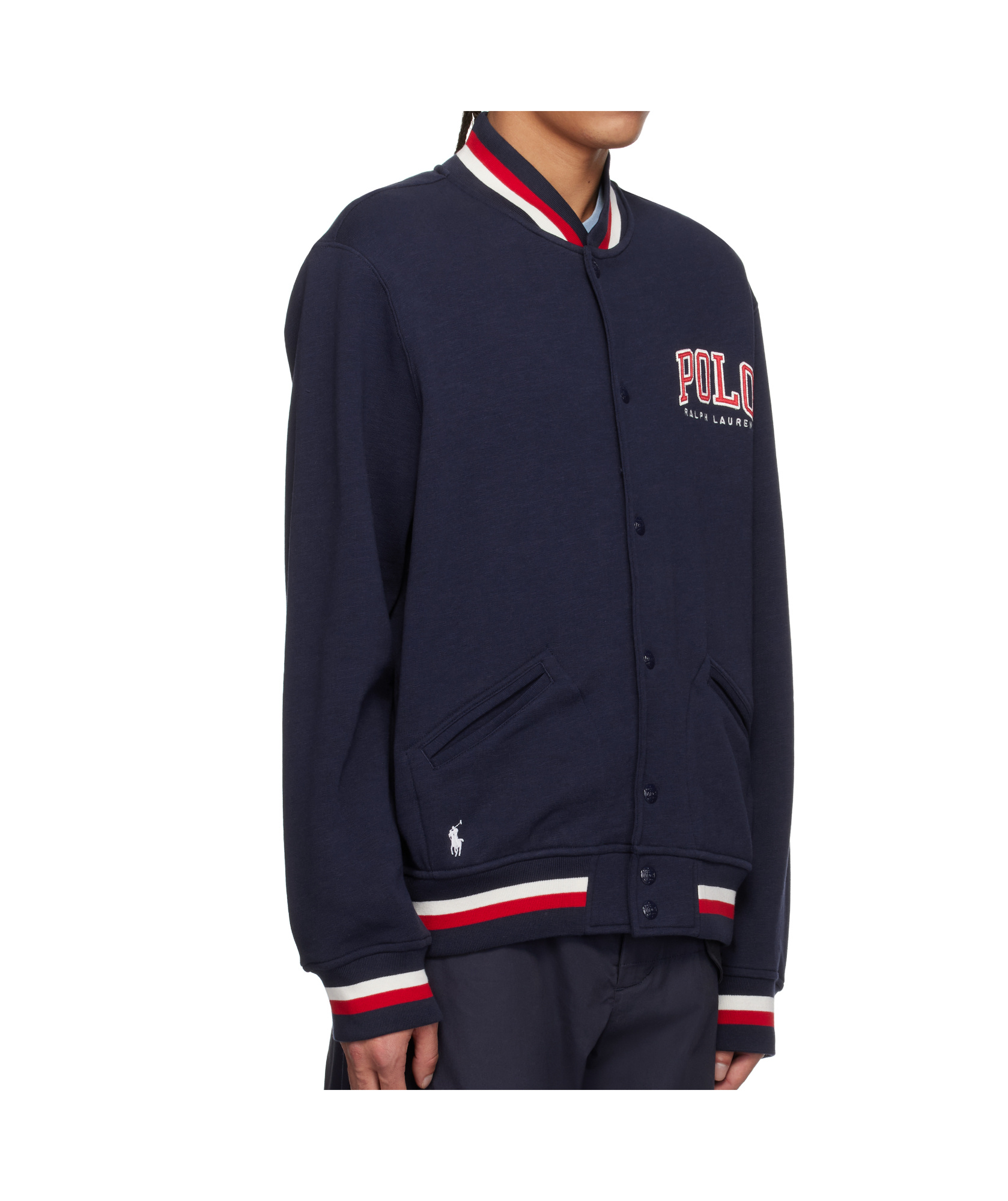 Polo Ralph Lauren Ribbed Collar Striped Detailing Front Pockets Jacket In Navy Blue